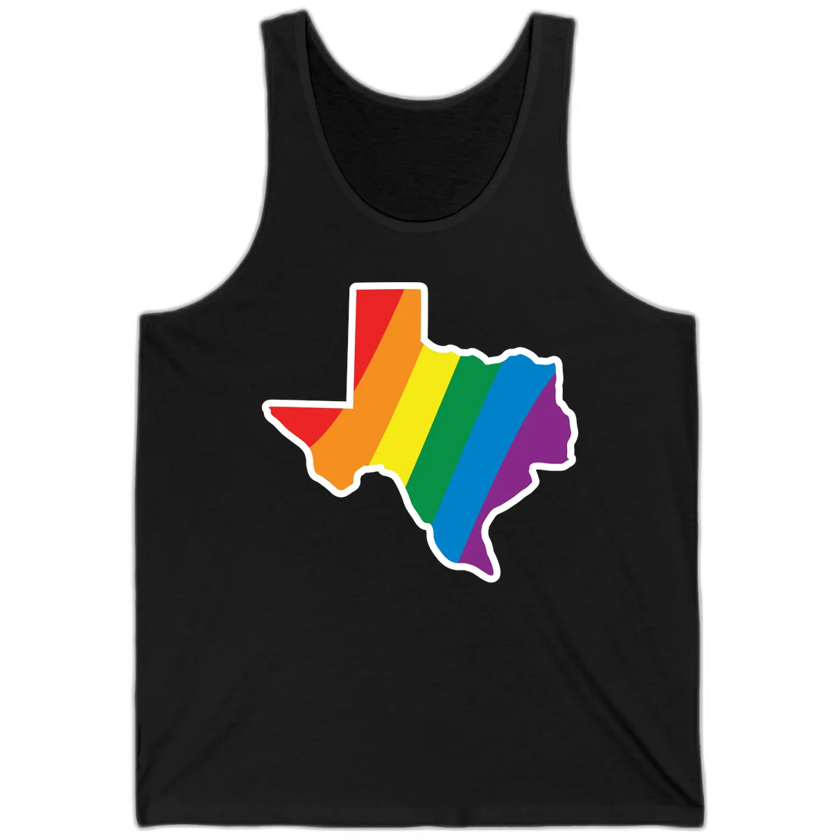 Texas state map filled with diagonal rainbow pride flag stripes in red, orange, yellow, green, blue, and purple with white border in Black