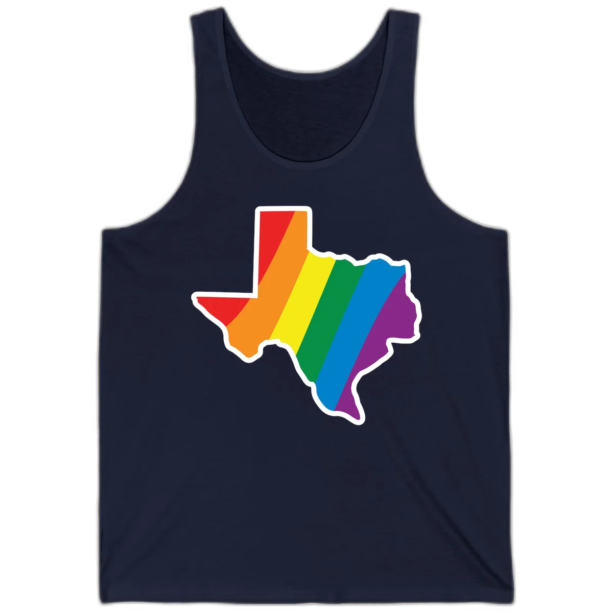 Texas state map filled with diagonal rainbow pride flag stripes in red, orange, yellow, green, blue, and purple with white border in Navy