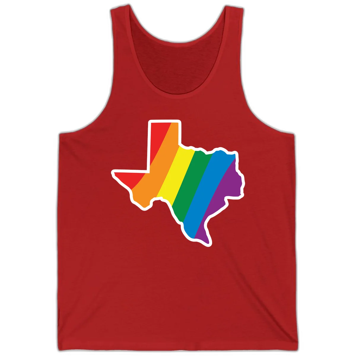 Texas state map filled with diagonal rainbow pride flag stripes in red, orange, yellow, green, blue, and purple with white border in Red
