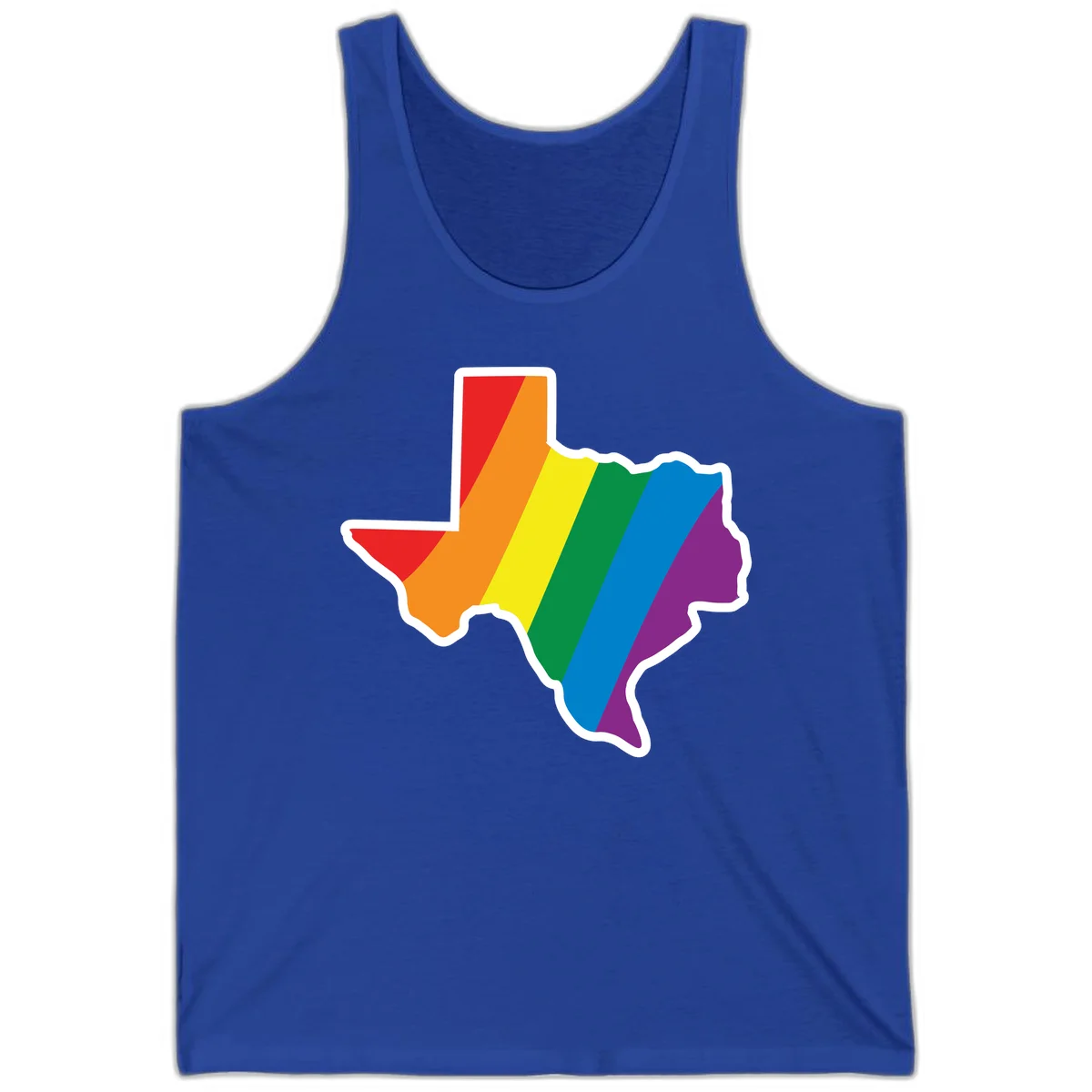 Texas state map filled with diagonal rainbow pride flag stripes in red, orange, yellow, green, blue, and purple with white border in True Royal
