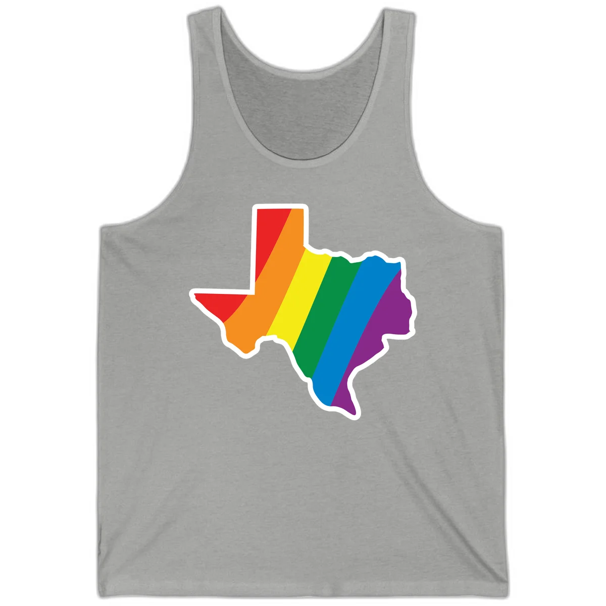 Texas state map filled with diagonal rainbow pride flag stripes in red, orange, yellow, green, blue, and purple with white border in Athletic Heather