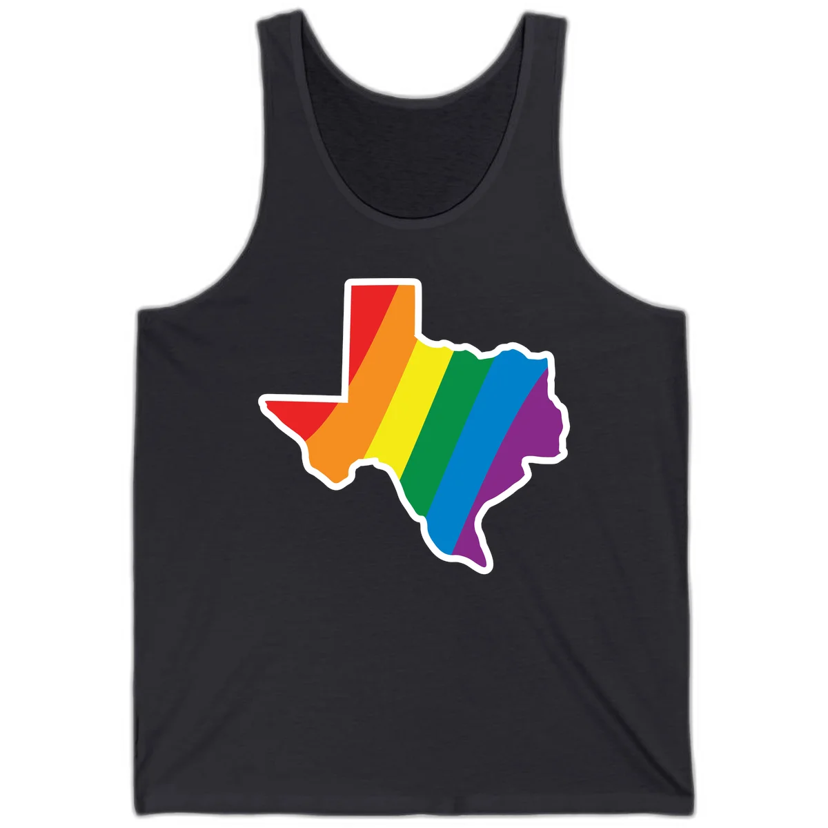 Texas state map filled with diagonal rainbow pride flag stripes in red, orange, yellow, green, blue, and purple with white border in Dark Grey