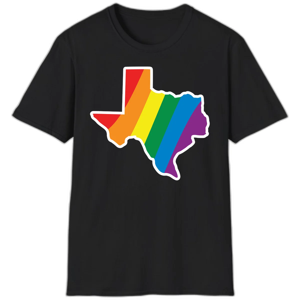 Texas state map filled with diagonal rainbow pride flag stripes in red, orange, yellow, green, blue, and purple with white border in Black