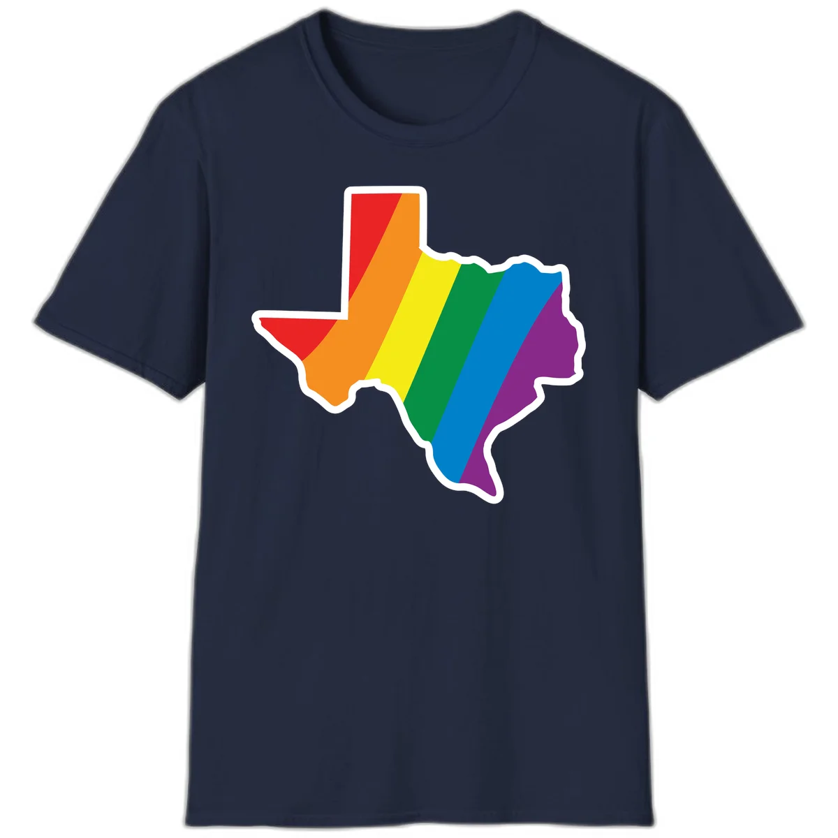 Texas state map filled with diagonal rainbow pride flag stripes in red, orange, yellow, green, blue, and purple with white border in Navy