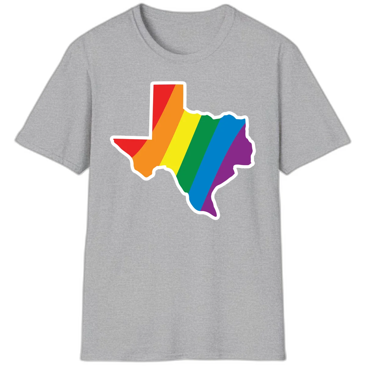Texas state map filled with diagonal rainbow pride flag stripes in red, orange, yellow, green, blue, and purple with white border in Sport Grey