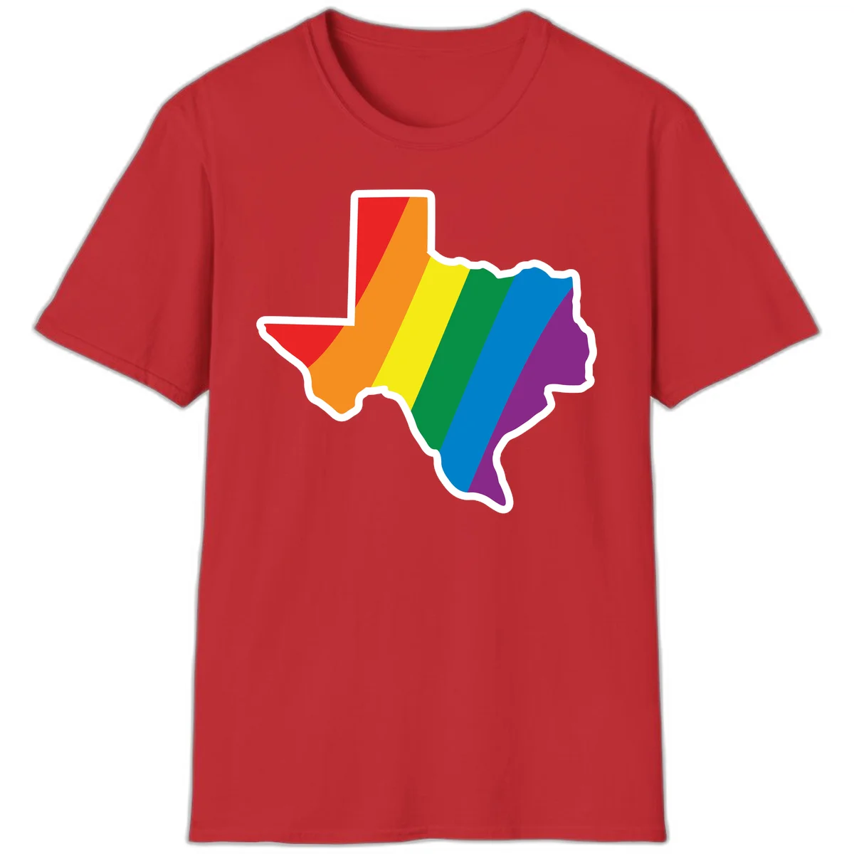 Texas state map filled with diagonal rainbow pride flag stripes in red, orange, yellow, green, blue, and purple with white border in Red