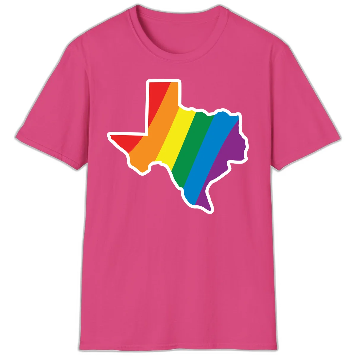 Texas state map filled with diagonal rainbow pride flag stripes in red, orange, yellow, green, blue, and purple with white border in Heliconia