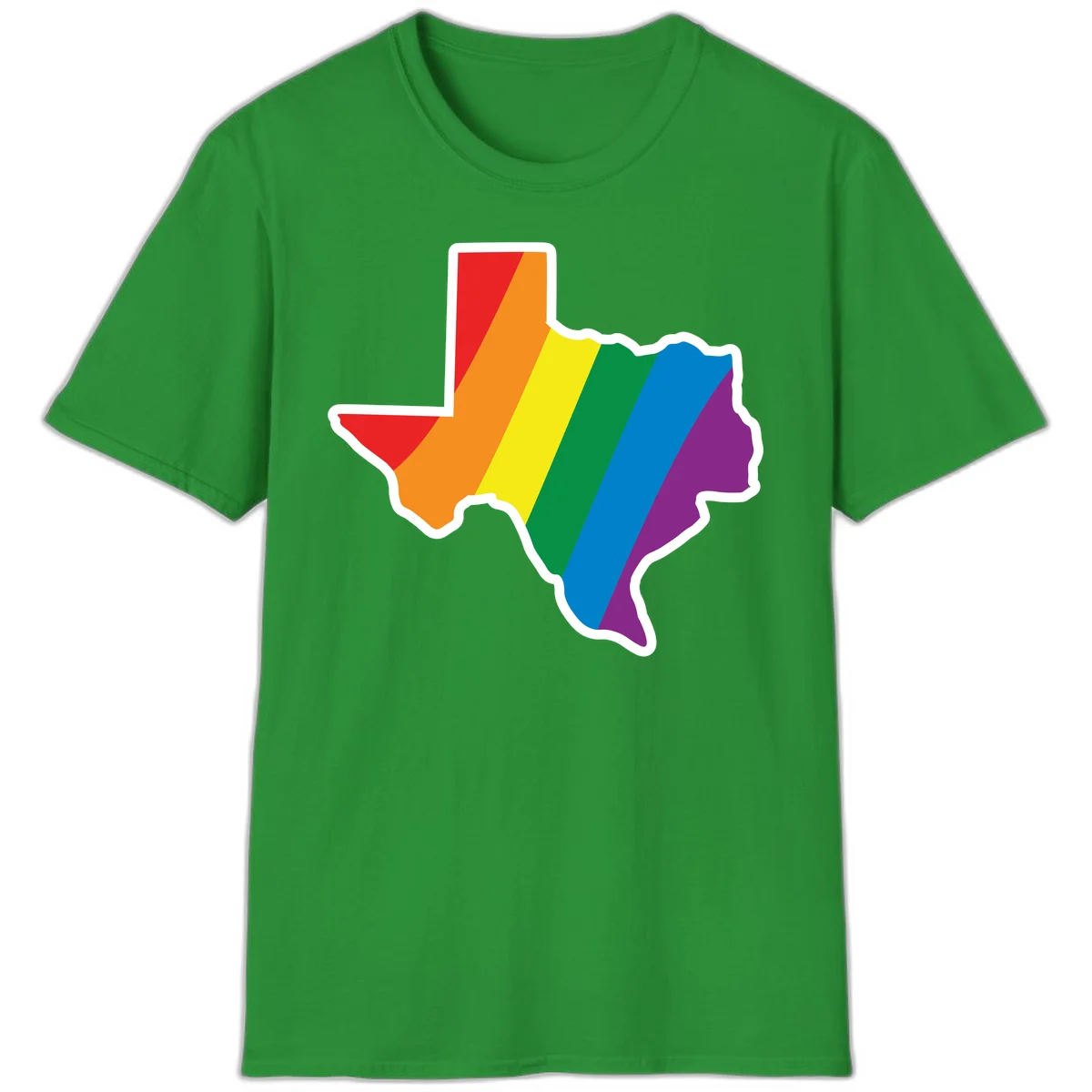 Texas state map filled with diagonal rainbow pride flag stripes in red, orange, yellow, green, blue, and purple with white border in Irish Green