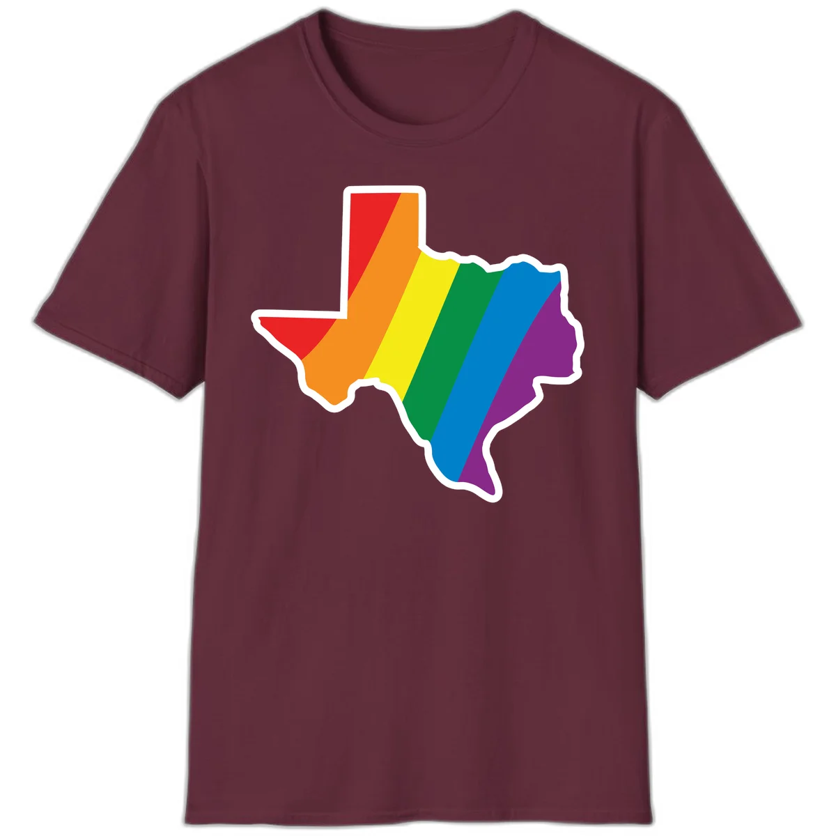 Texas state map filled with diagonal rainbow pride flag stripes in red, orange, yellow, green, blue, and purple with white border in Maroon