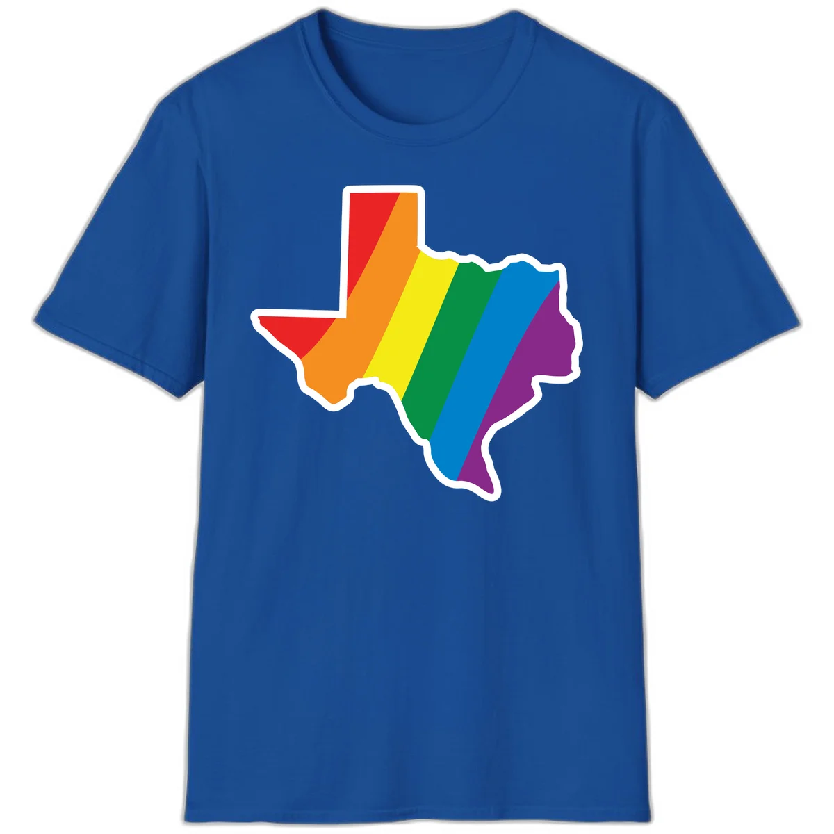 Texas state map filled with diagonal rainbow pride flag stripes in red, orange, yellow, green, blue, and purple with white border in Royal