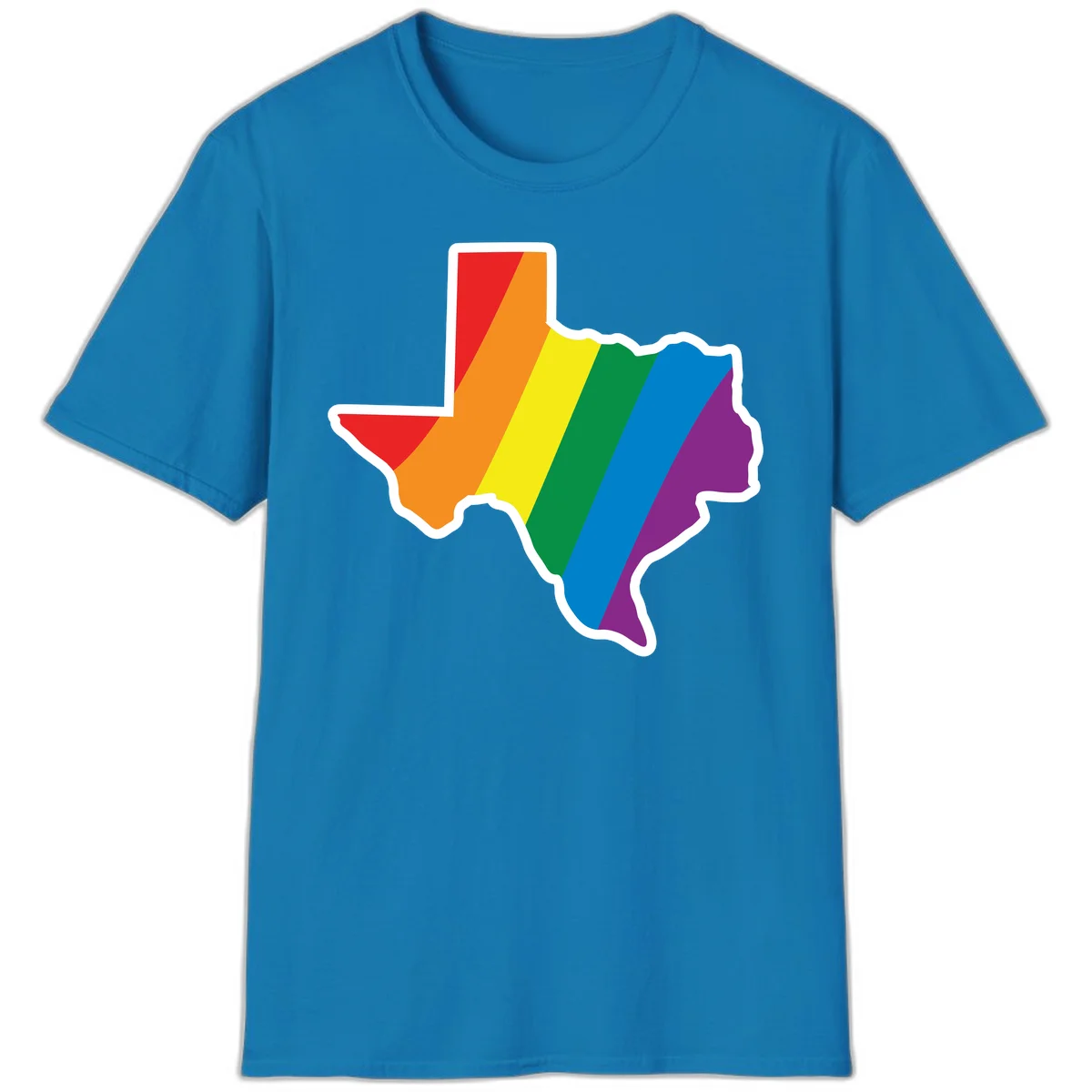 Texas state map filled with diagonal rainbow pride flag stripes in red, orange, yellow, green, blue, and purple with white border in Sapphire
