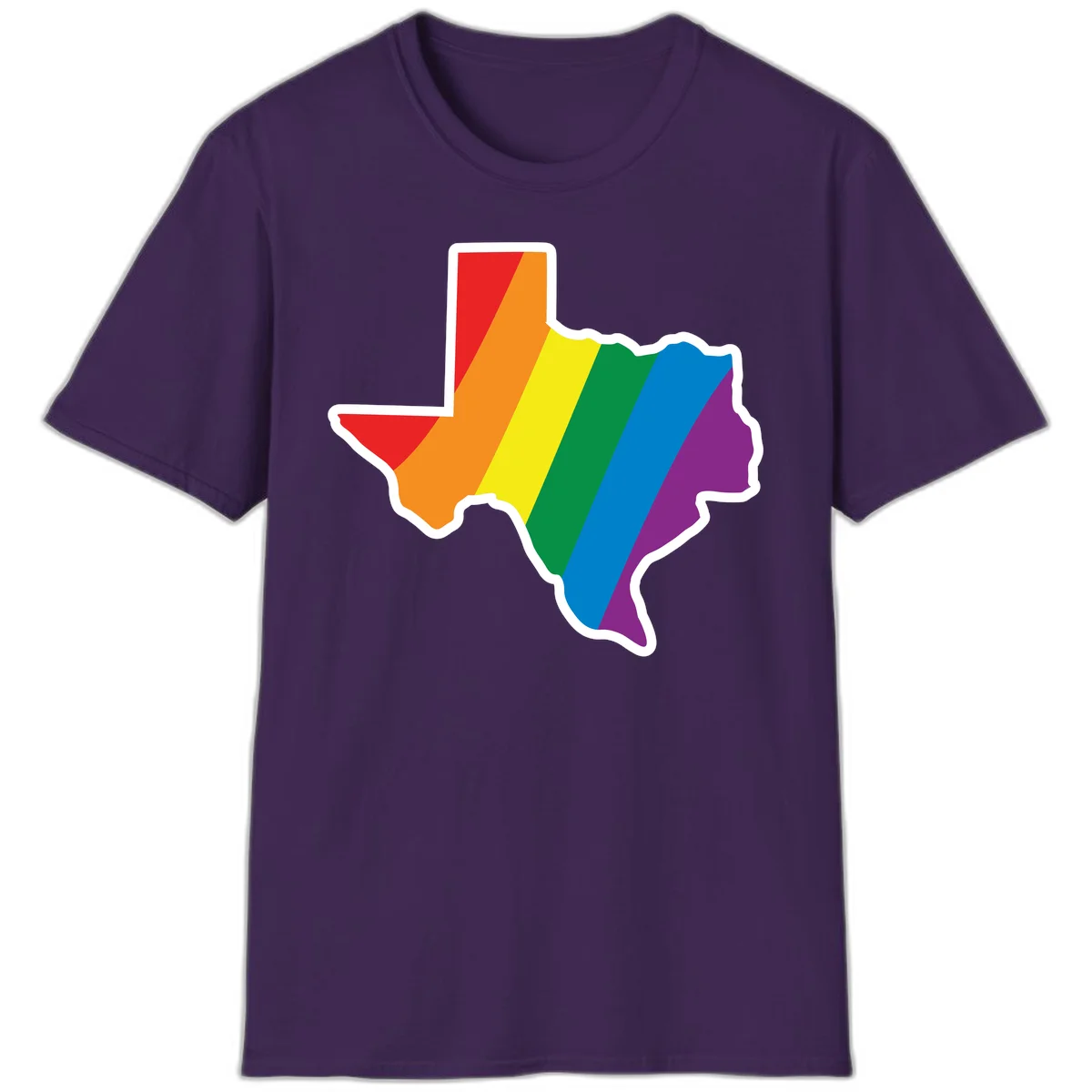 Texas state map filled with diagonal rainbow pride flag stripes in red, orange, yellow, green, blue, and purple with white border in Purple
