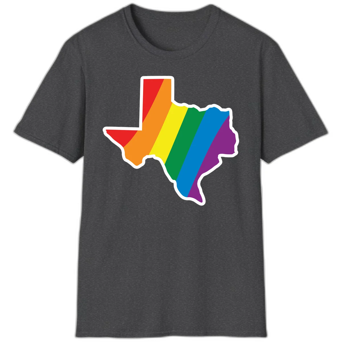 Texas state map filled with diagonal rainbow pride flag stripes in red, orange, yellow, green, blue, and purple with white border in Dark Heather