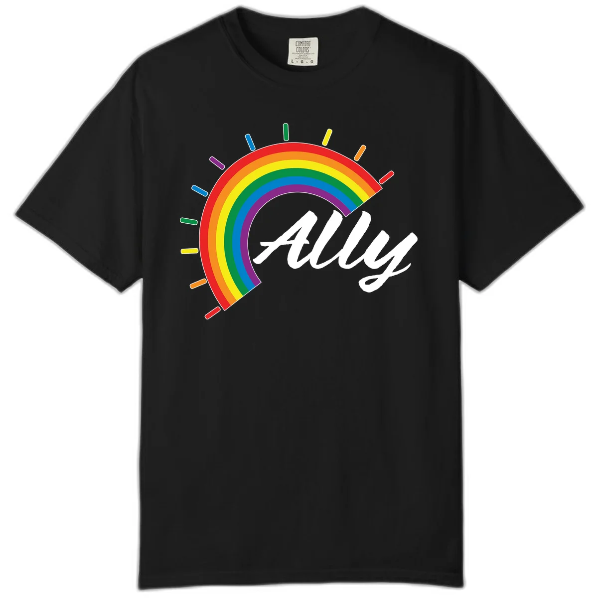 Colorful pride rainbow arc with radiating lines behind white cursive 'ally' text on gray background in Black