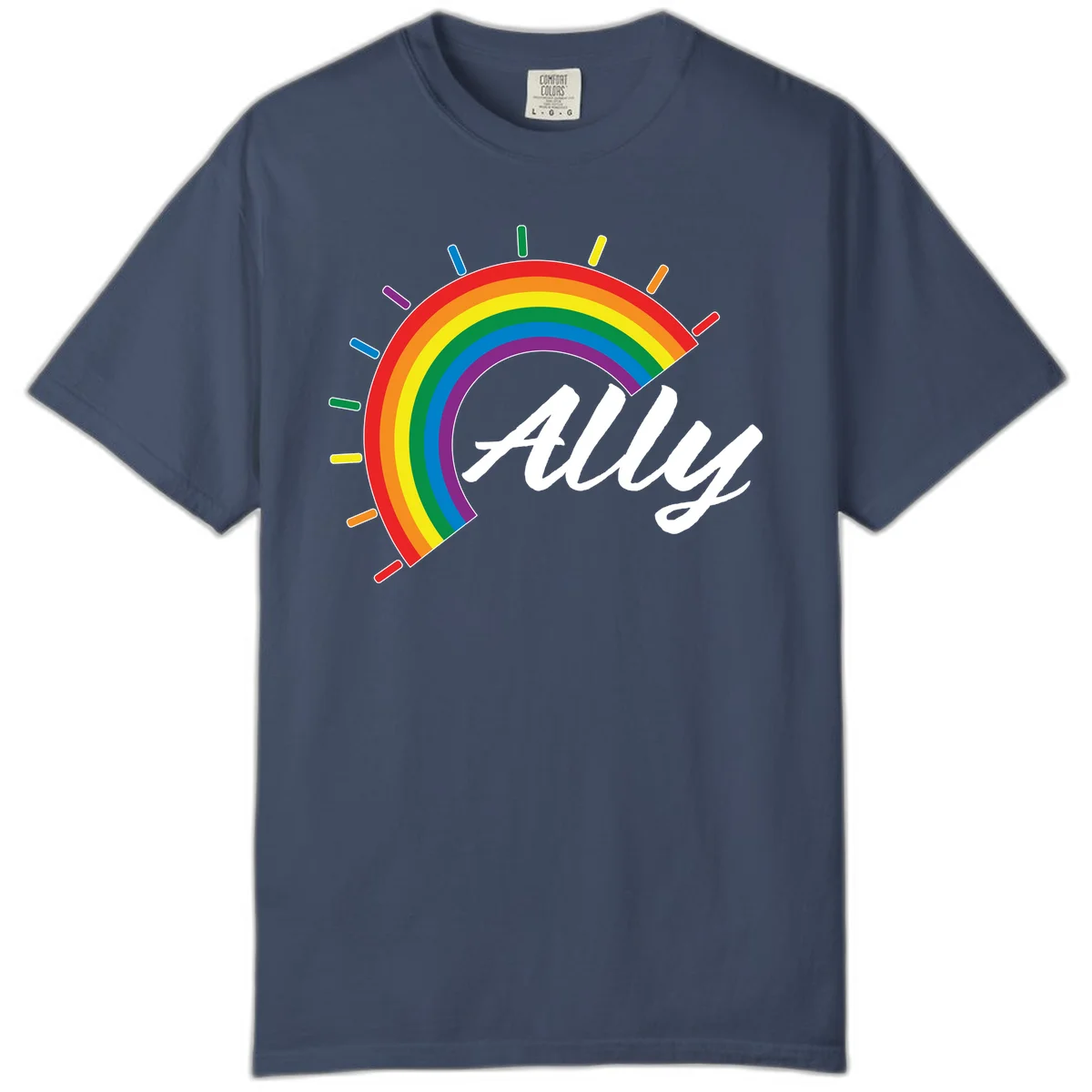 Colorful pride rainbow arc with radiating lines behind white cursive 'ally' text on gray background in Midnight