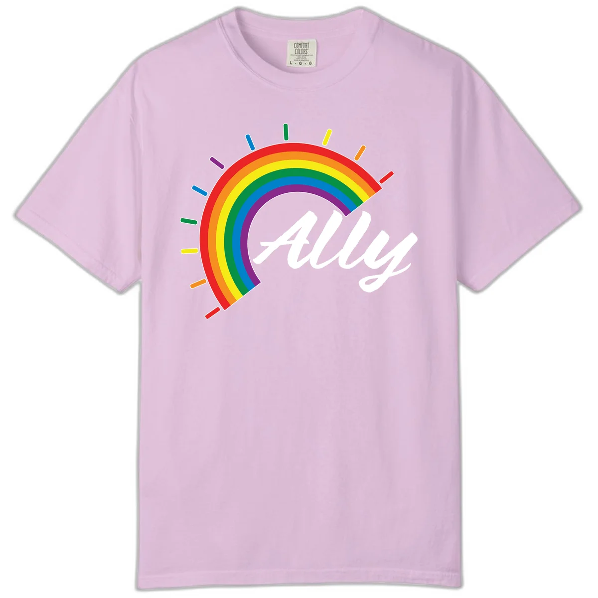 Colorful pride rainbow arc with radiating lines behind white cursive 'ally' text on gray background in Orchid