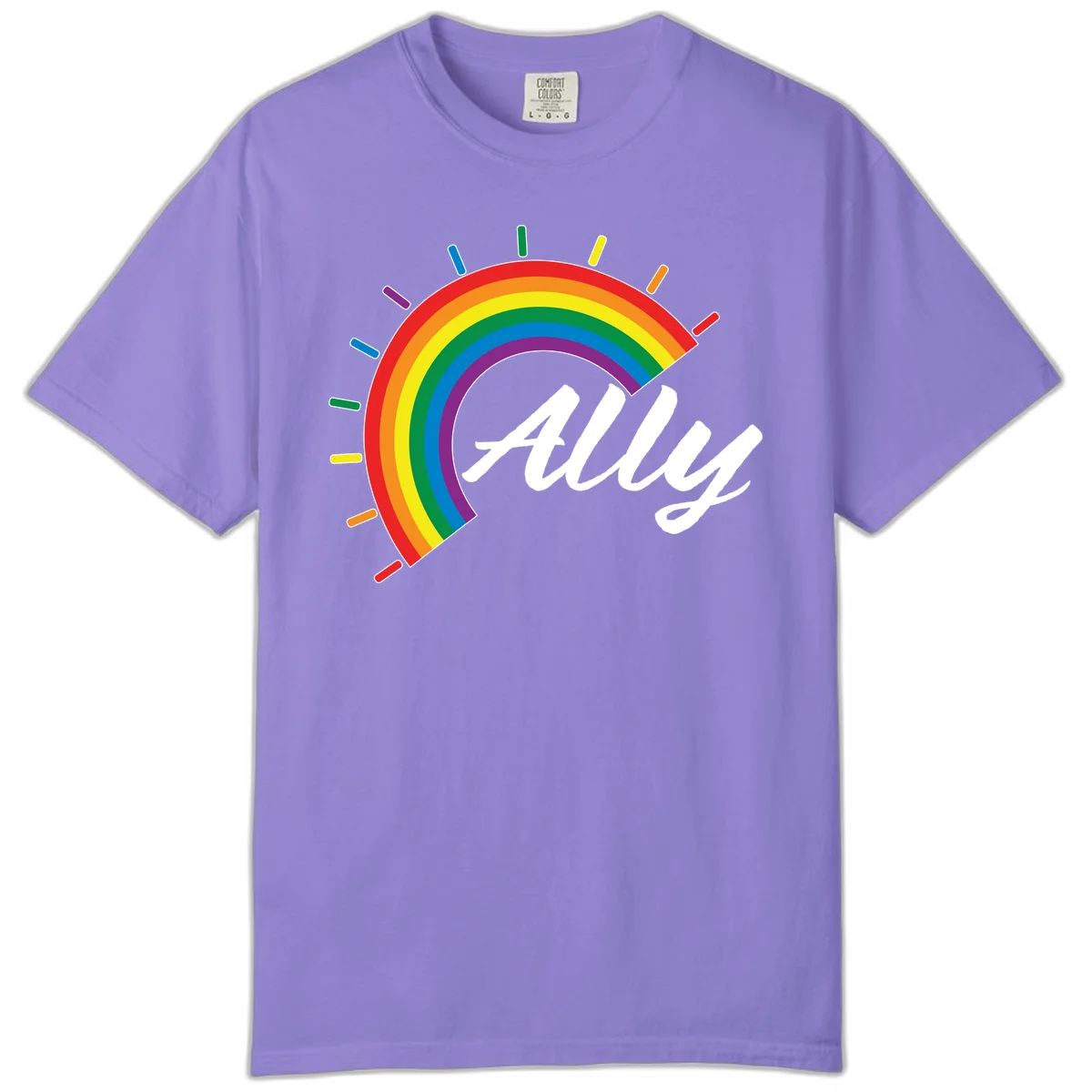 Colorful pride rainbow arc with radiating lines behind white cursive 'ally' text on gray background in Violet