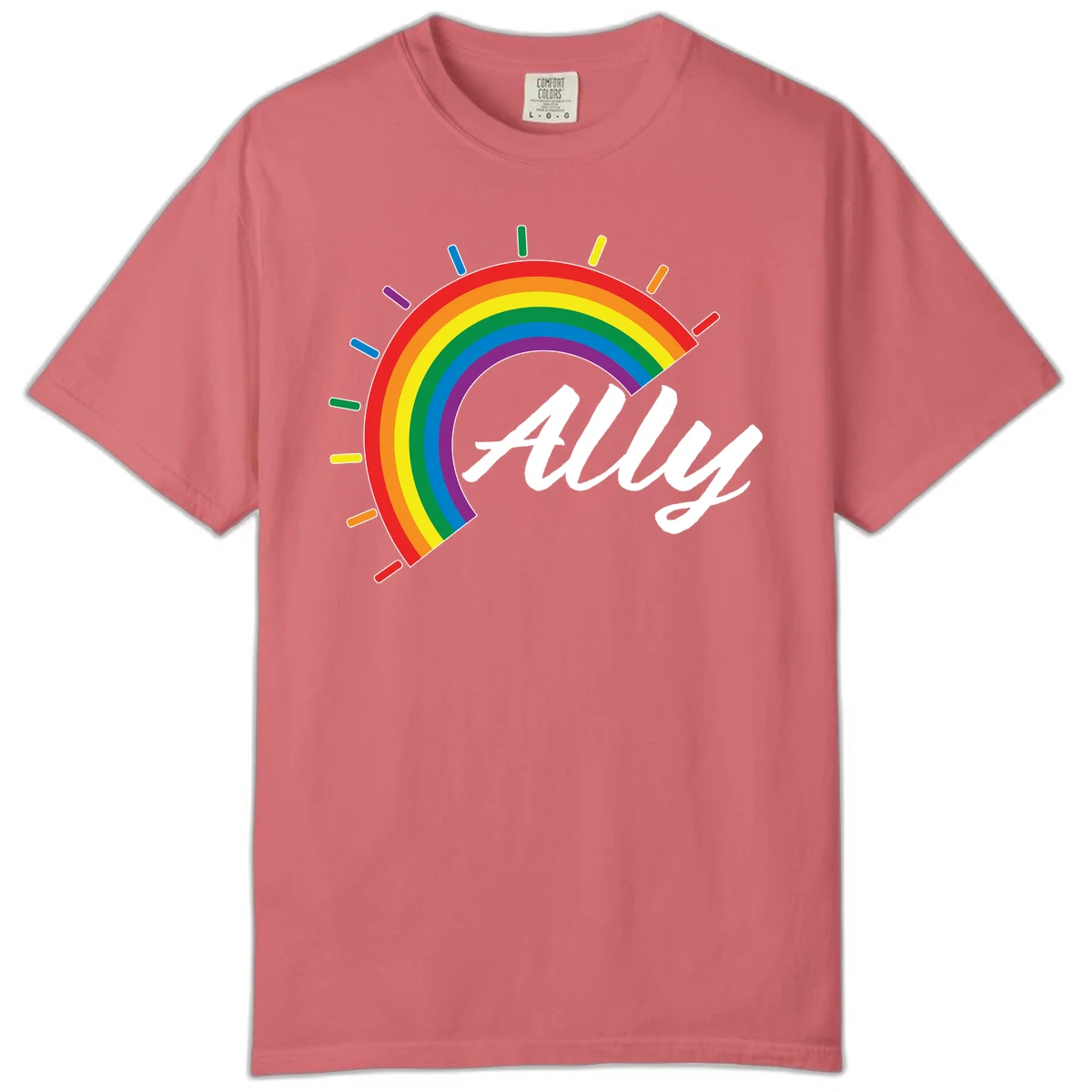 Colorful pride rainbow arc with radiating lines behind white cursive 'ally' text on gray background in Watermelon