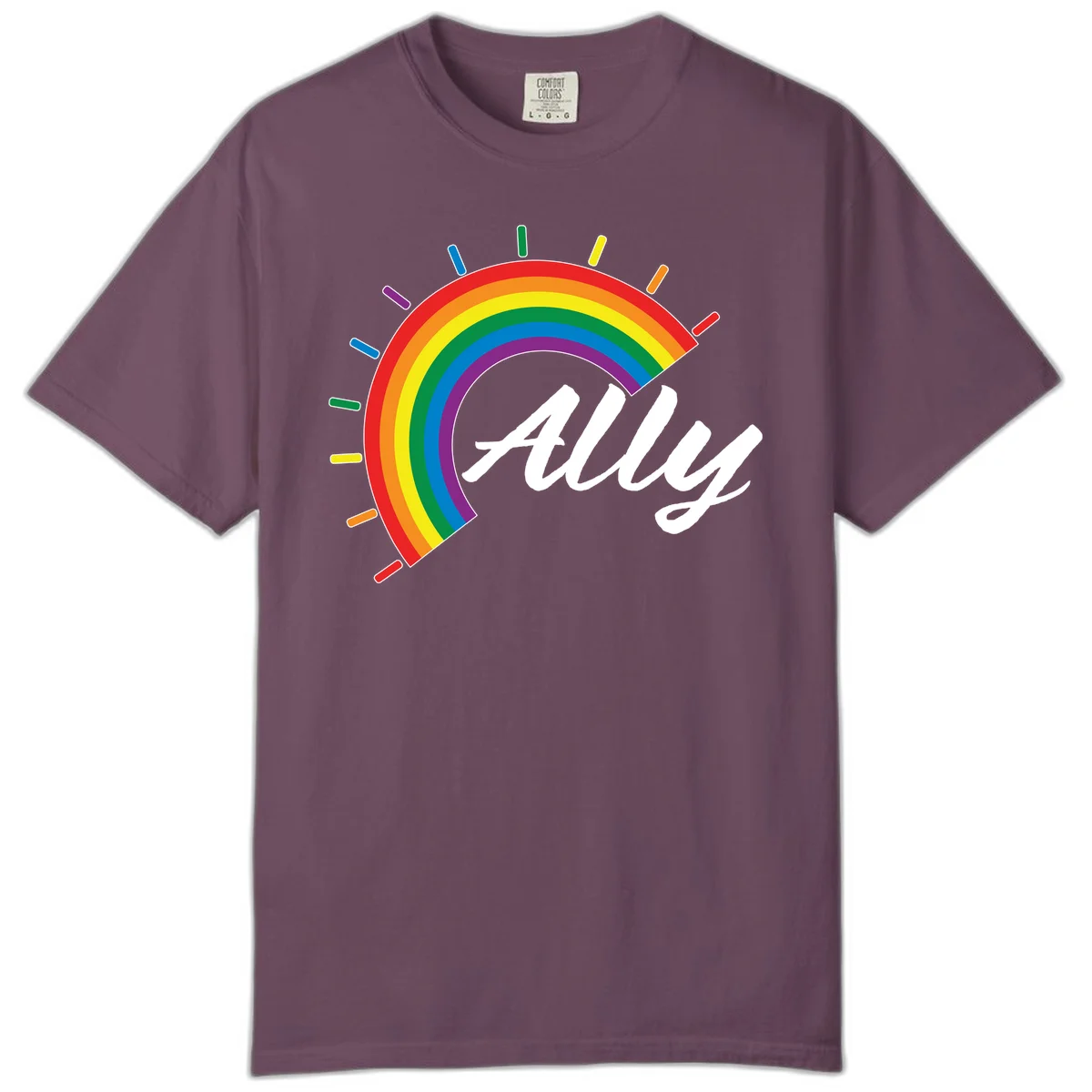 Colorful pride rainbow arc with radiating lines behind white cursive 'ally' text on gray background in Berry