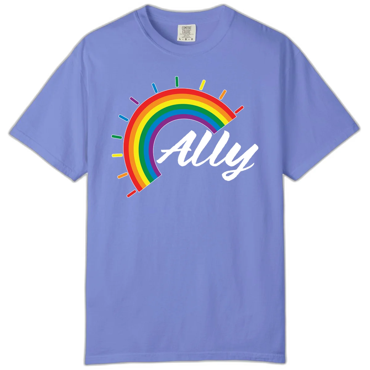 Colorful pride rainbow arc with radiating lines behind white cursive 'ally' text on gray background in Flo Blue