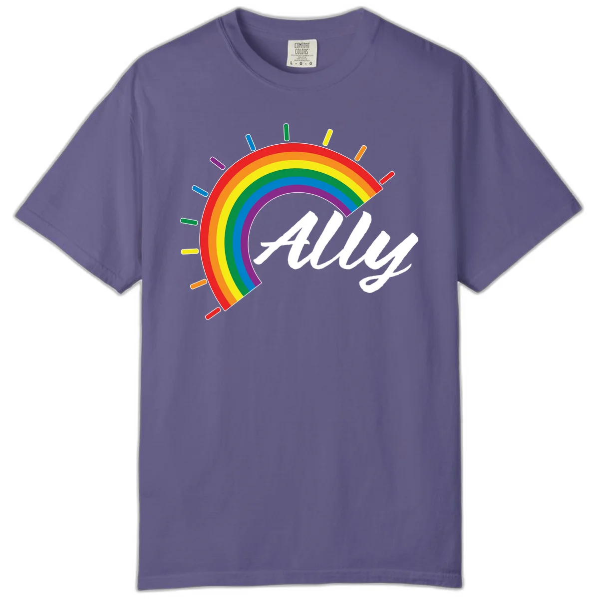 Colorful pride rainbow arc with radiating lines behind white cursive 'ally' text on gray background in Grape