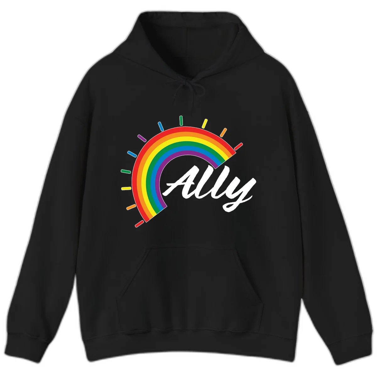 Colorful pride rainbow arc with radiating lines behind white cursive 'ally' text on gray background in Black
