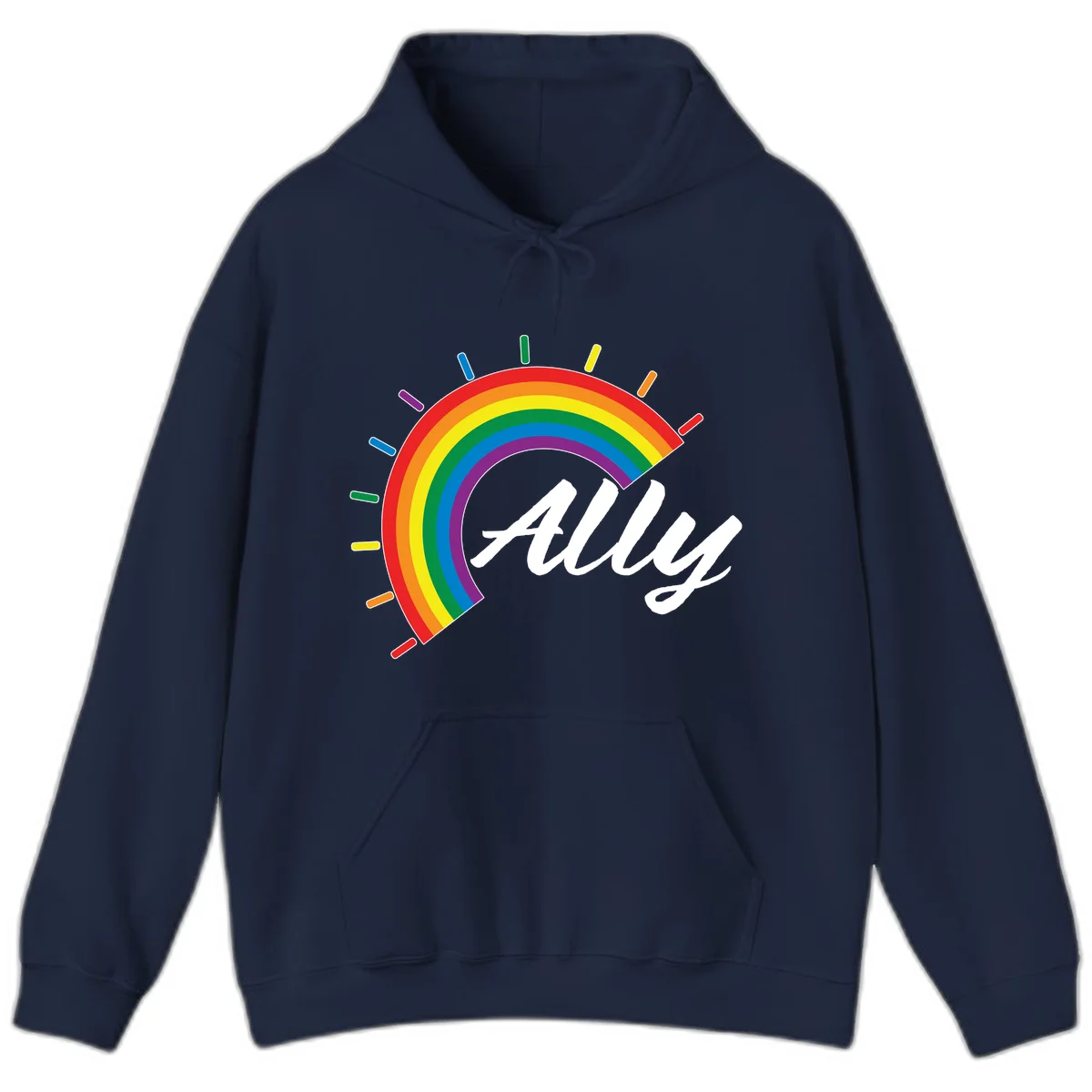 Colorful pride rainbow arc with radiating lines behind white cursive 'ally' text on gray background in Navy