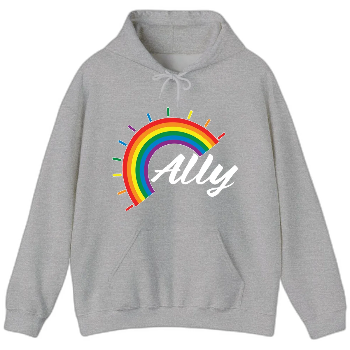 Colorful pride rainbow arc with radiating lines behind white cursive 'ally' text on gray background in Sport Grey