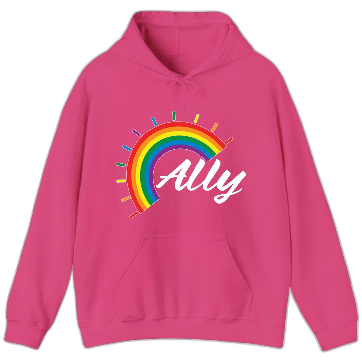 Colorful pride rainbow arc with radiating lines behind white cursive 'ally' text on gray background in Heliconia