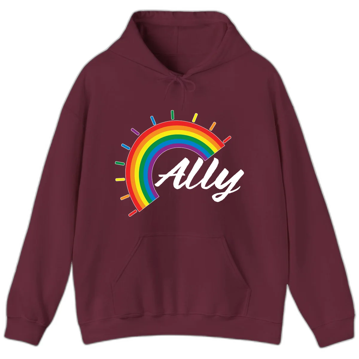 Colorful pride rainbow arc with radiating lines behind white cursive 'ally' text on gray background in Maroon