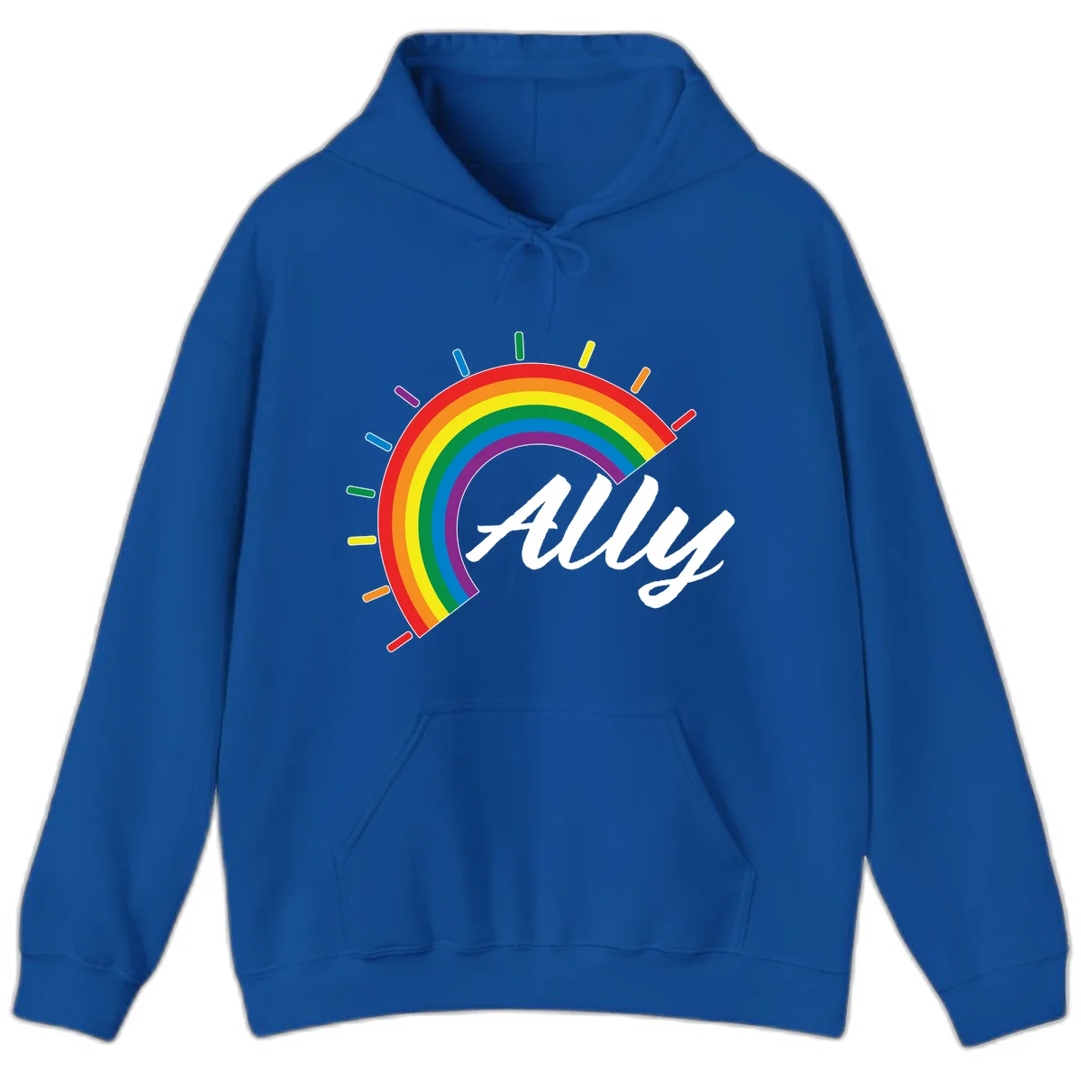 Colorful pride rainbow arc with radiating lines behind white cursive 'ally' text on gray background in Royal