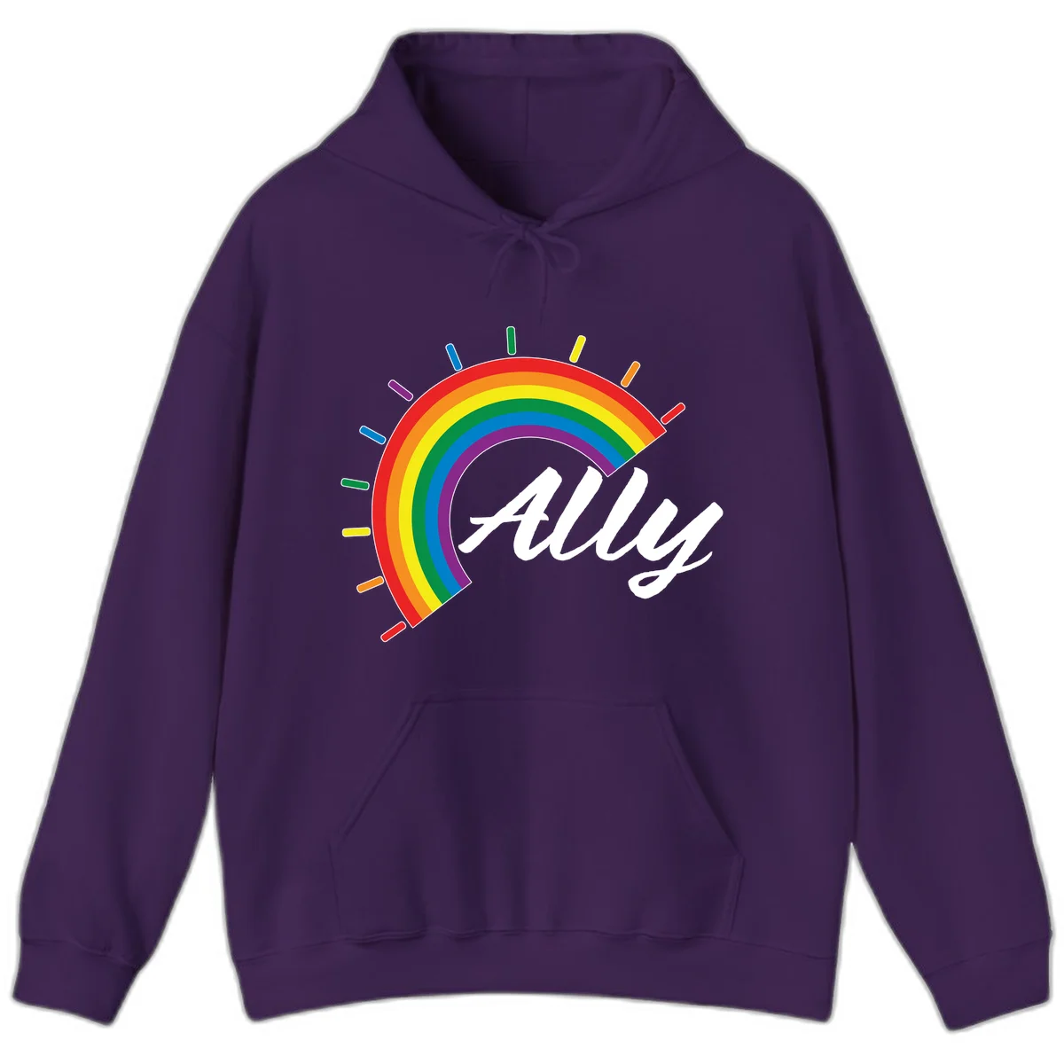 Colorful pride rainbow arc with radiating lines behind white cursive 'ally' text on gray background in Purple