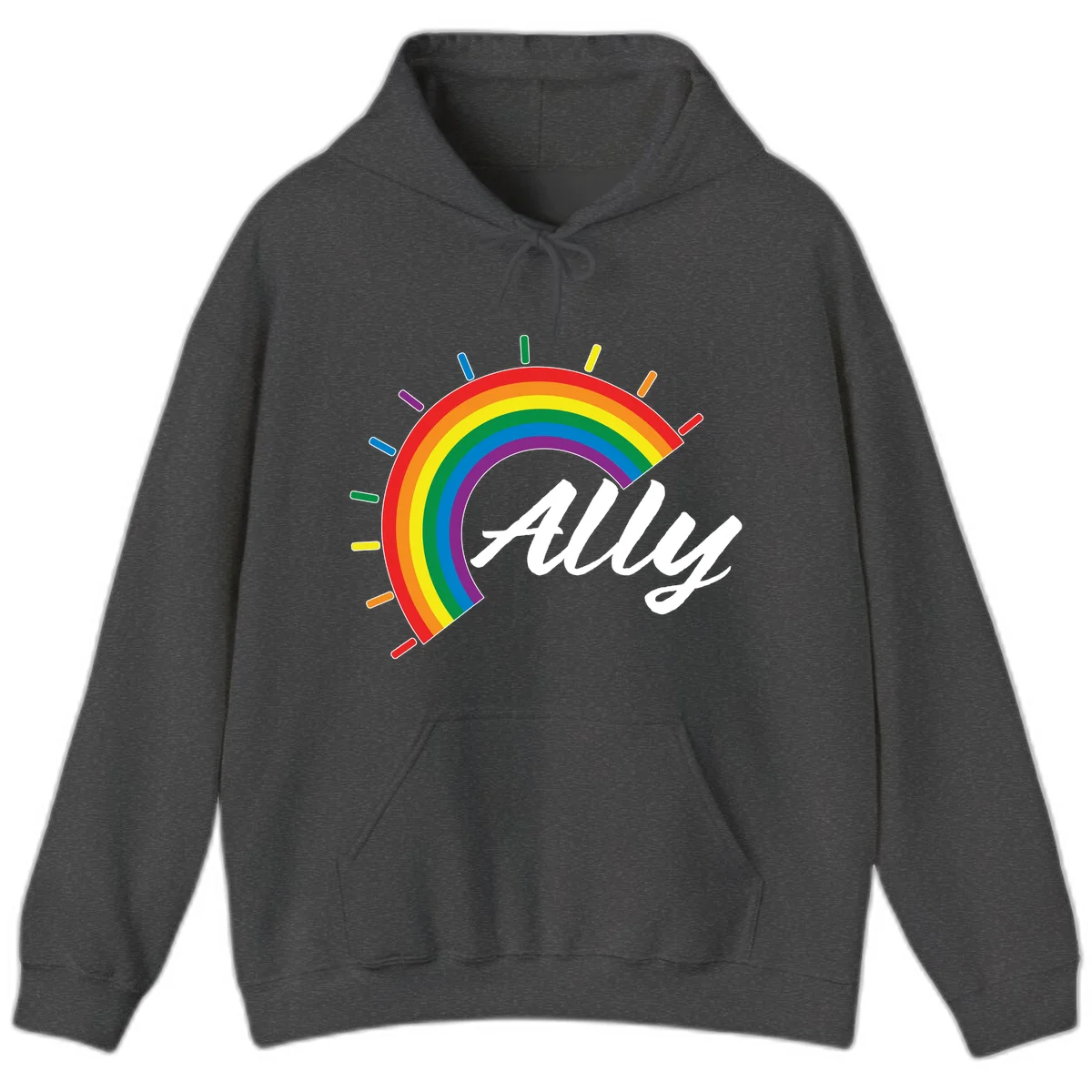 Colorful pride rainbow arc with radiating lines behind white cursive 'ally' text on gray background in Dark Heather