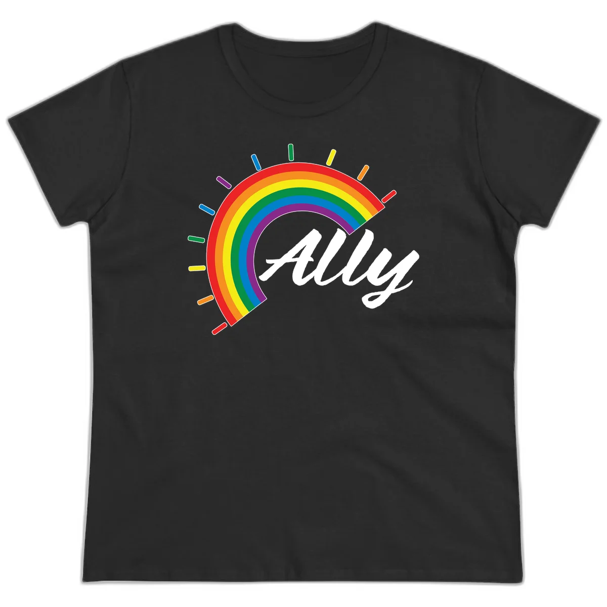 Colorful pride rainbow arc with radiating lines behind white cursive 'ally' text on gray background in Black