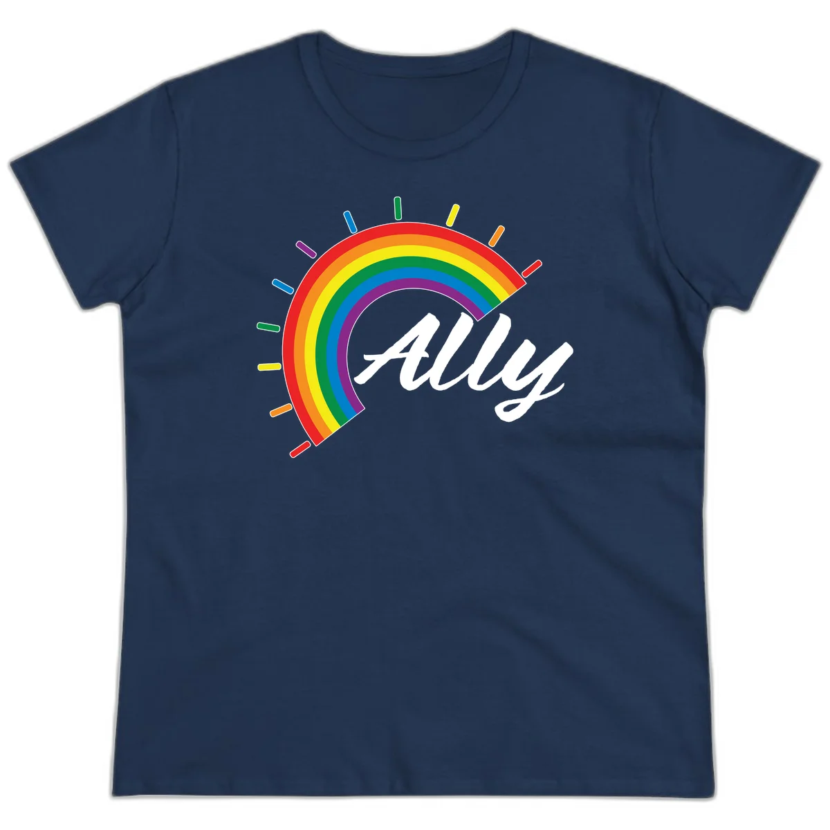 Colorful pride rainbow arc with radiating lines behind white cursive 'ally' text on gray background in Navy
