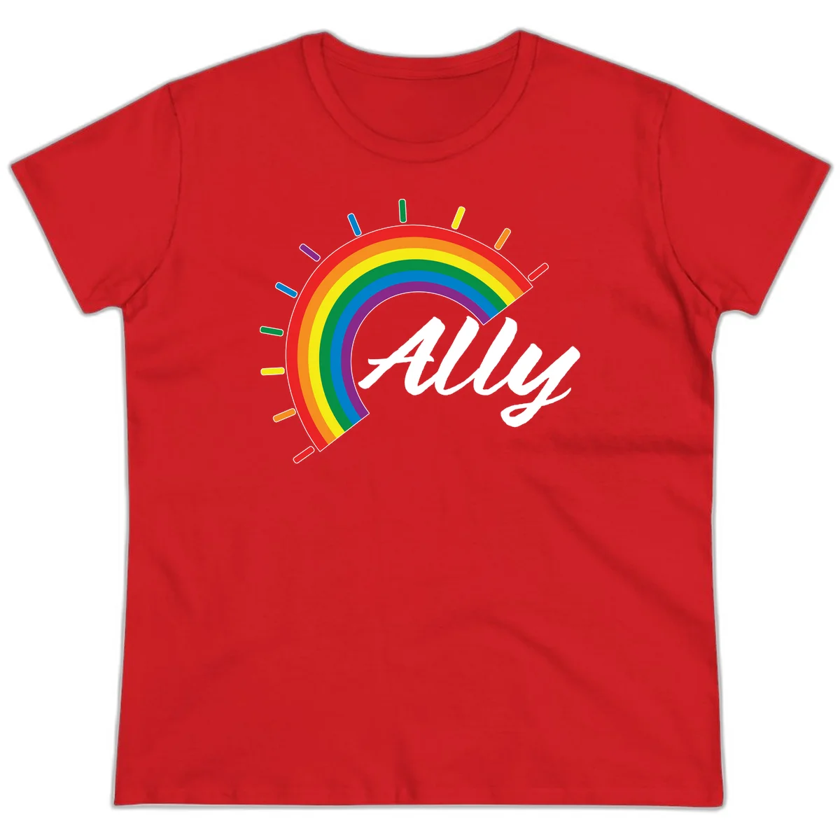 Colorful pride rainbow arc with radiating lines behind white cursive 'ally' text on gray background in Red