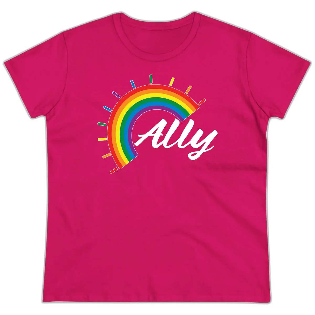 Colorful pride rainbow arc with radiating lines behind white cursive 'ally' text on gray background in Heliconia