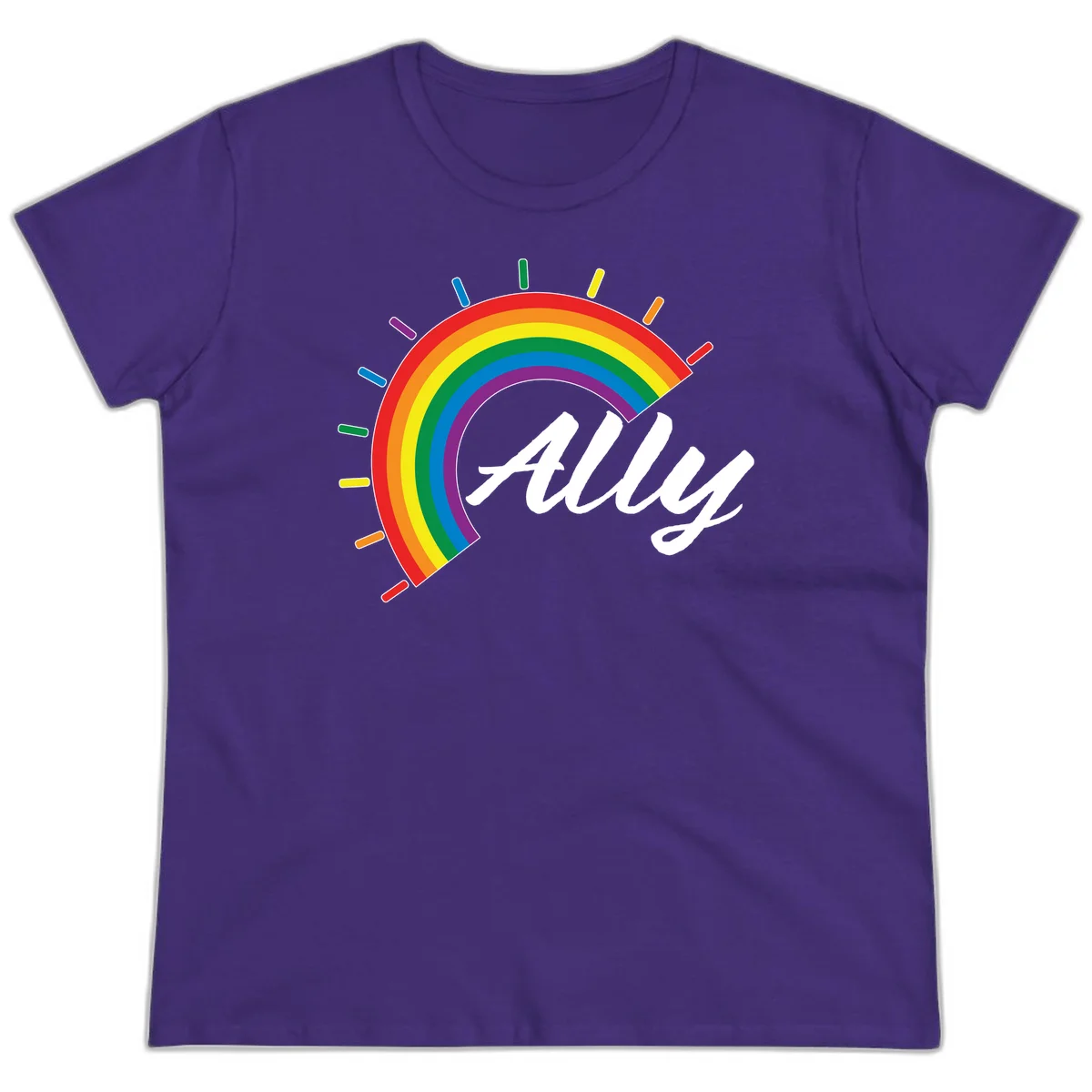 Colorful pride rainbow arc with radiating lines behind white cursive 'ally' text on gray background in Purple