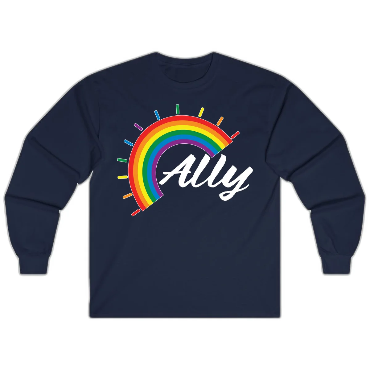 Colorful pride rainbow arc with radiating lines behind white cursive 'ally' text on gray background in Navy