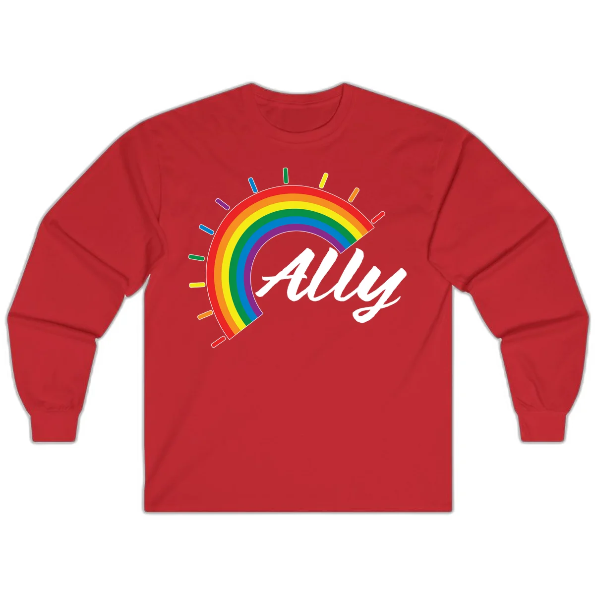 Colorful pride rainbow arc with radiating lines behind white cursive 'ally' text on gray background in Red