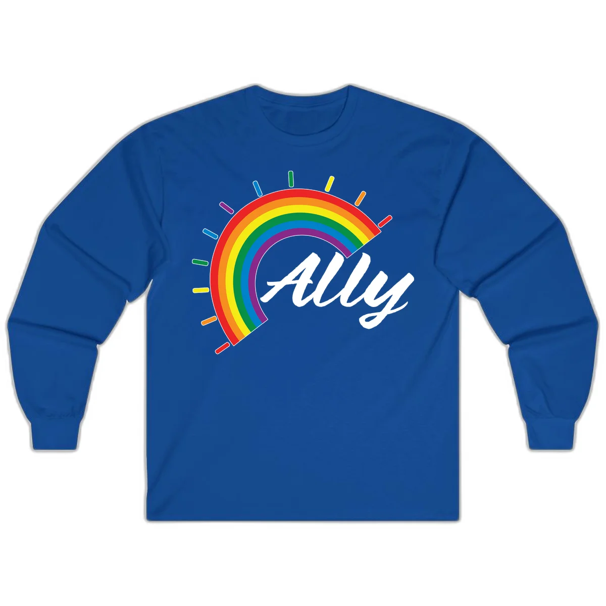 Colorful pride rainbow arc with radiating lines behind white cursive 'ally' text on gray background in Royal