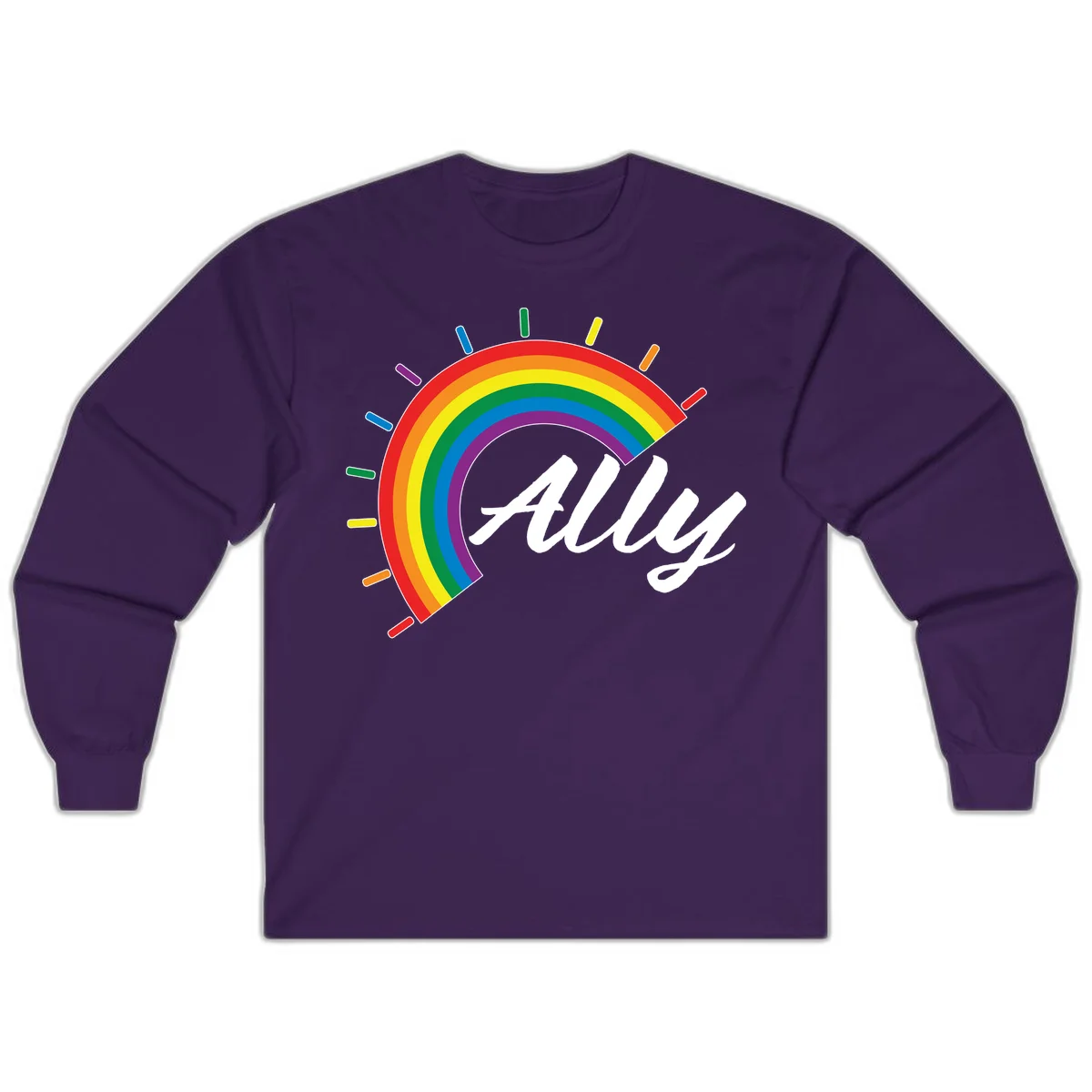 Colorful pride rainbow arc with radiating lines behind white cursive 'ally' text on gray background in Purple
