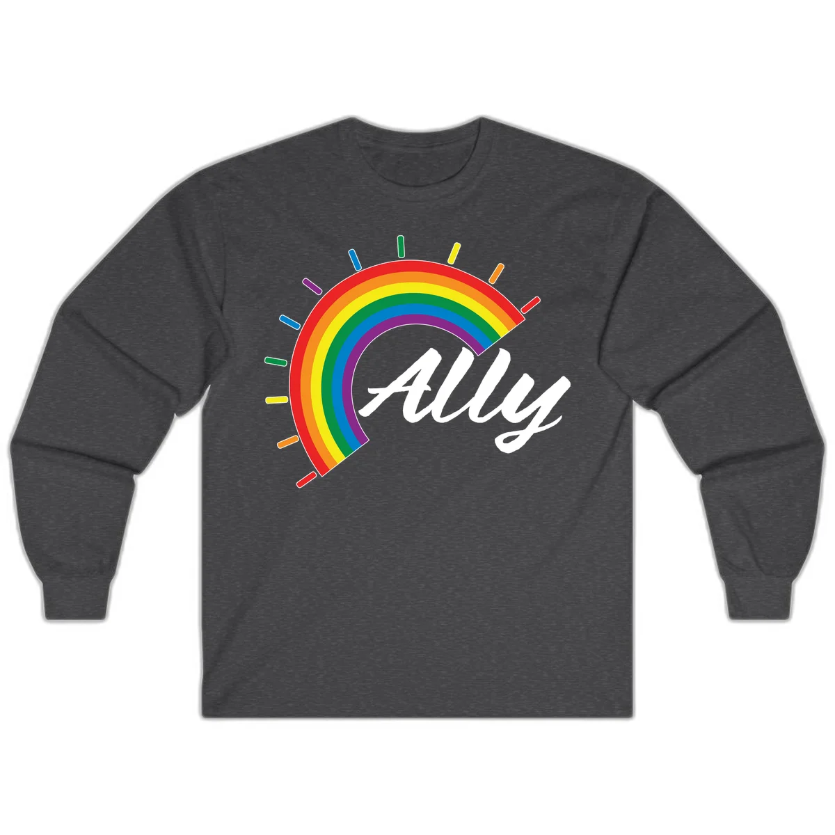 Colorful pride rainbow arc with radiating lines behind white cursive 'ally' text on gray background in Dark Heather