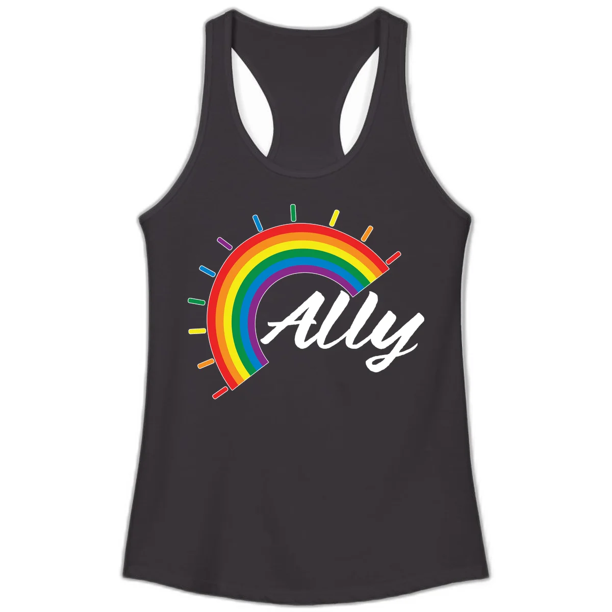 Colorful pride rainbow arc with radiating lines behind white cursive 'ally' text on gray background in Black