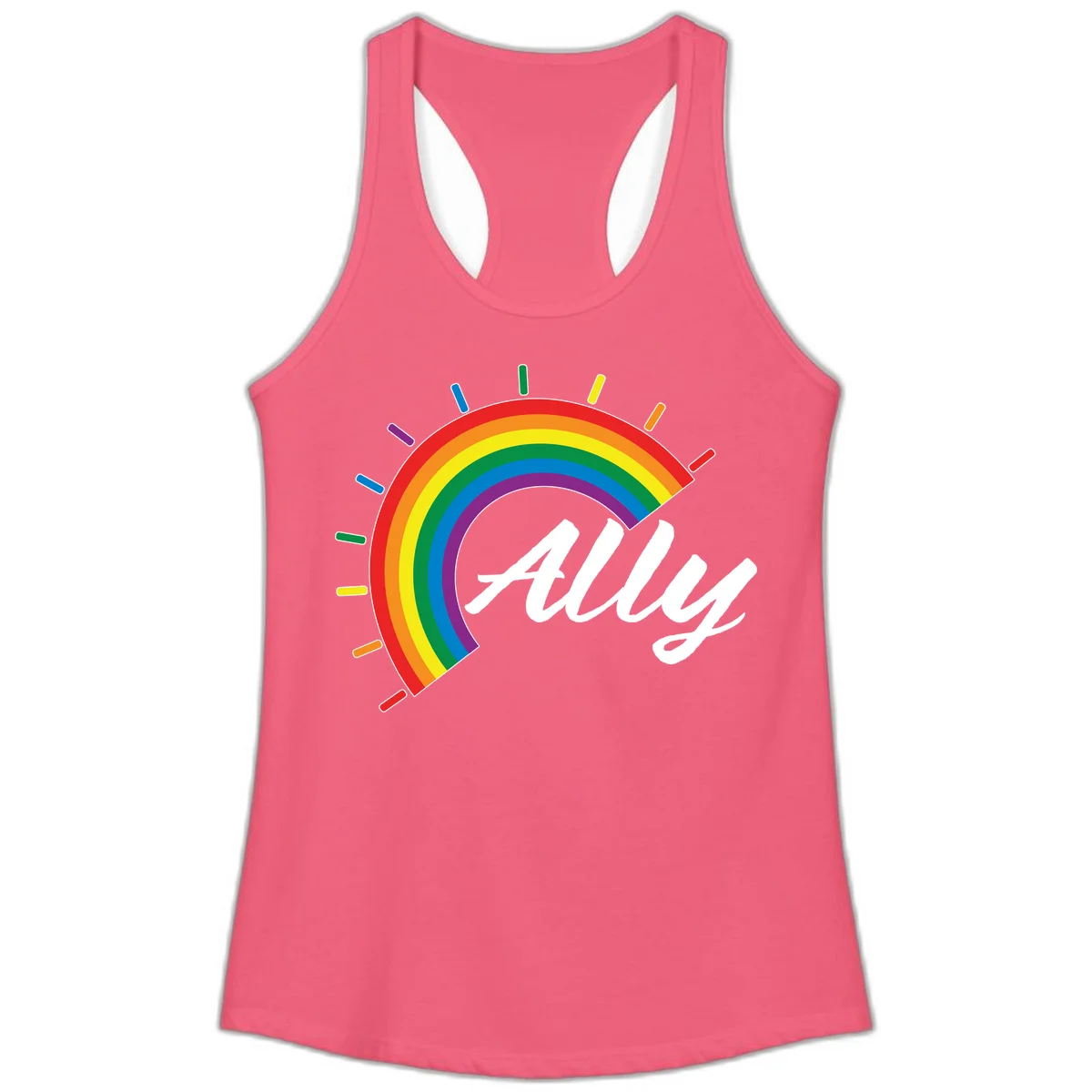 Colorful pride rainbow arc with radiating lines behind white cursive 'ally' text on gray background in Hot Pink