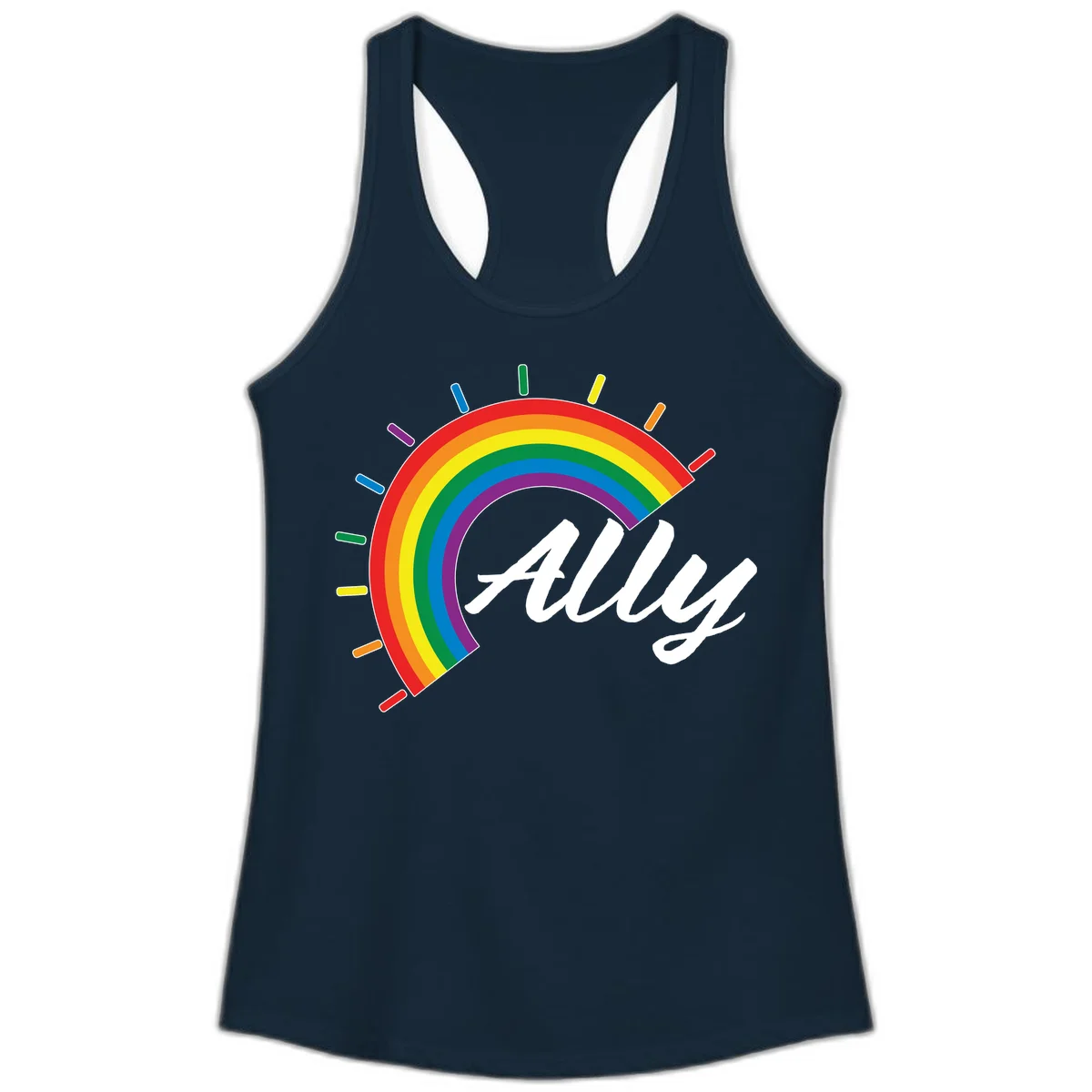 Colorful pride rainbow arc with radiating lines behind white cursive 'ally' text on gray background in Solid Midnight Navy