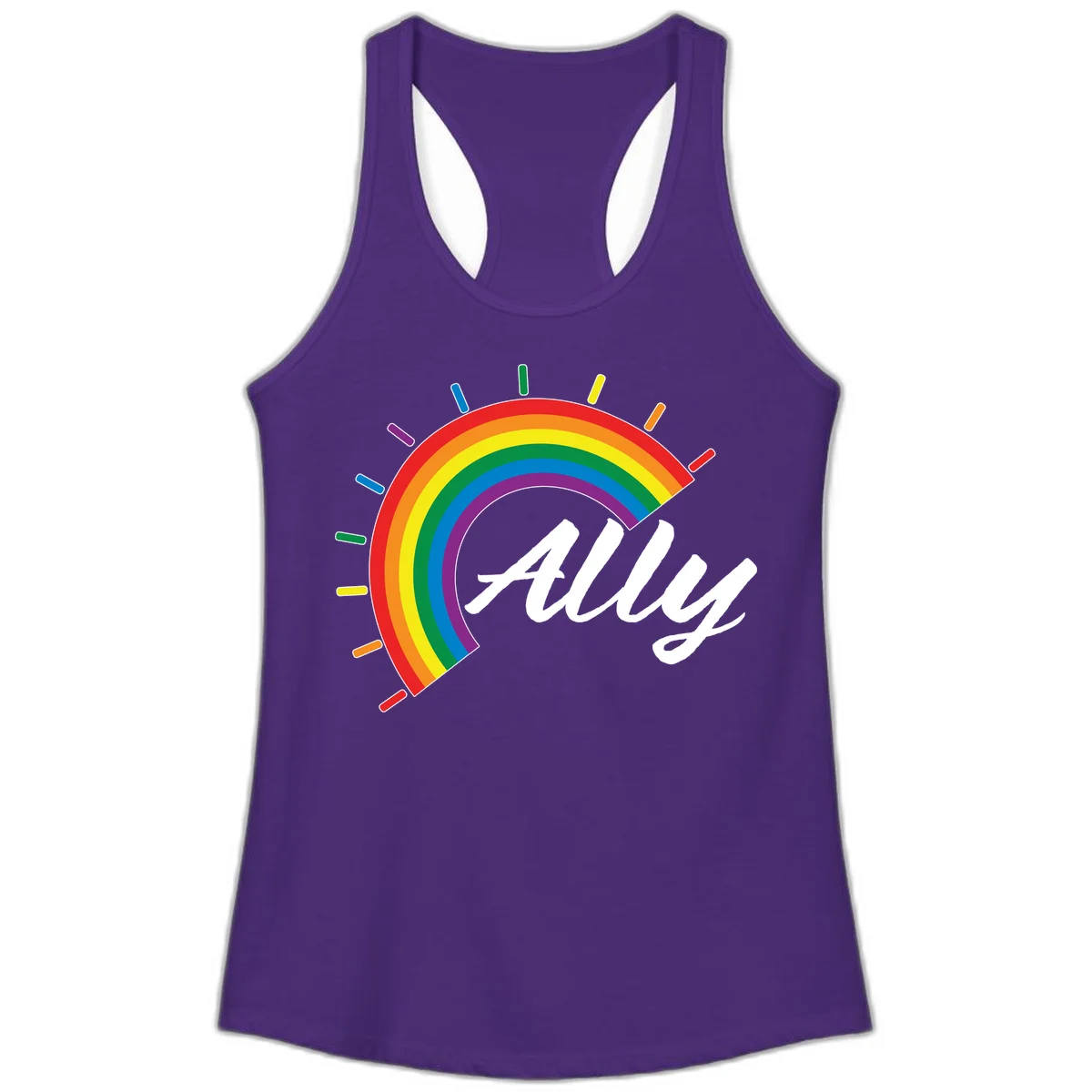 Colorful pride rainbow arc with radiating lines behind white cursive 'ally' text on gray background in Solid Purple Rush