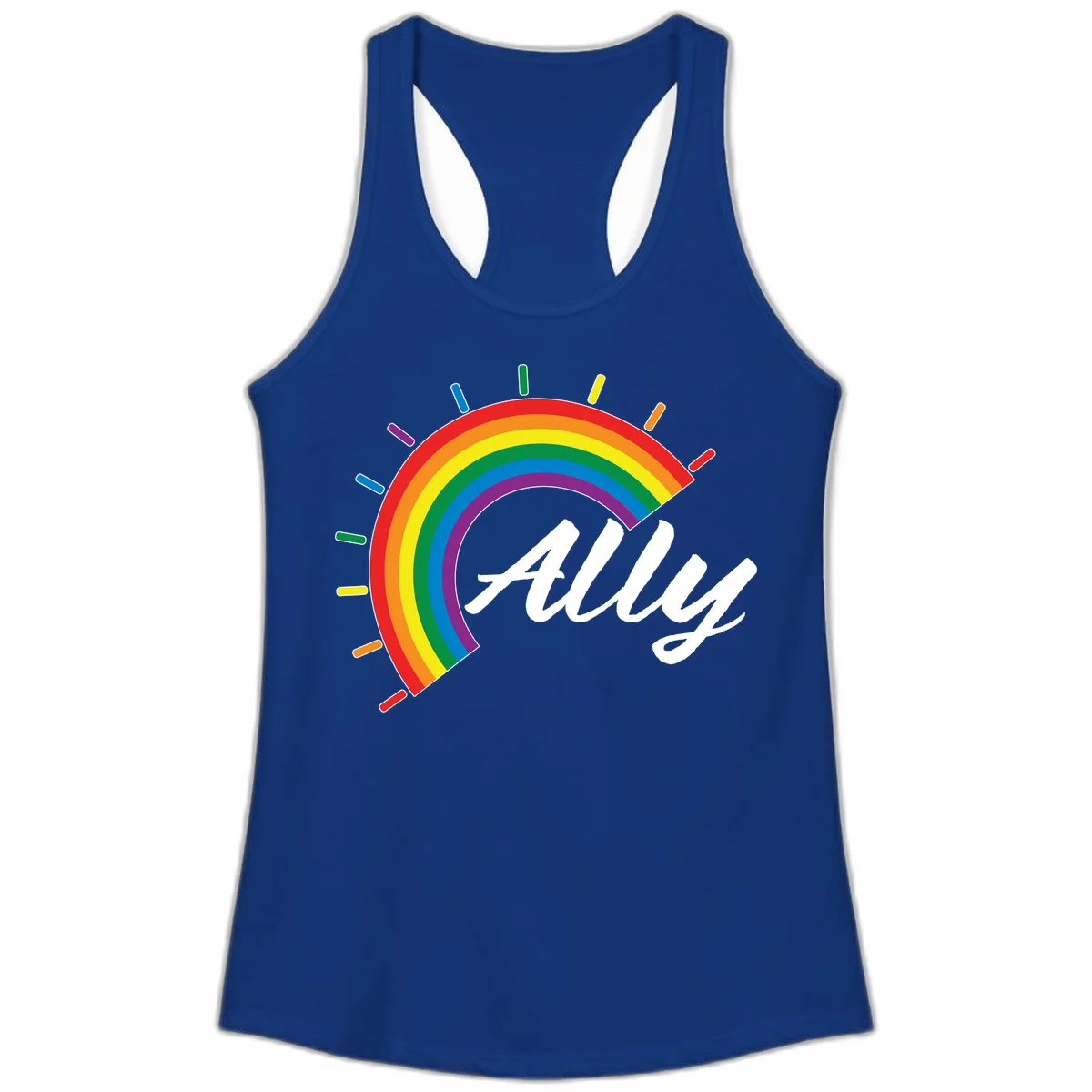 Colorful pride rainbow arc with radiating lines behind white cursive 'ally' text on gray background in Solid Royal
