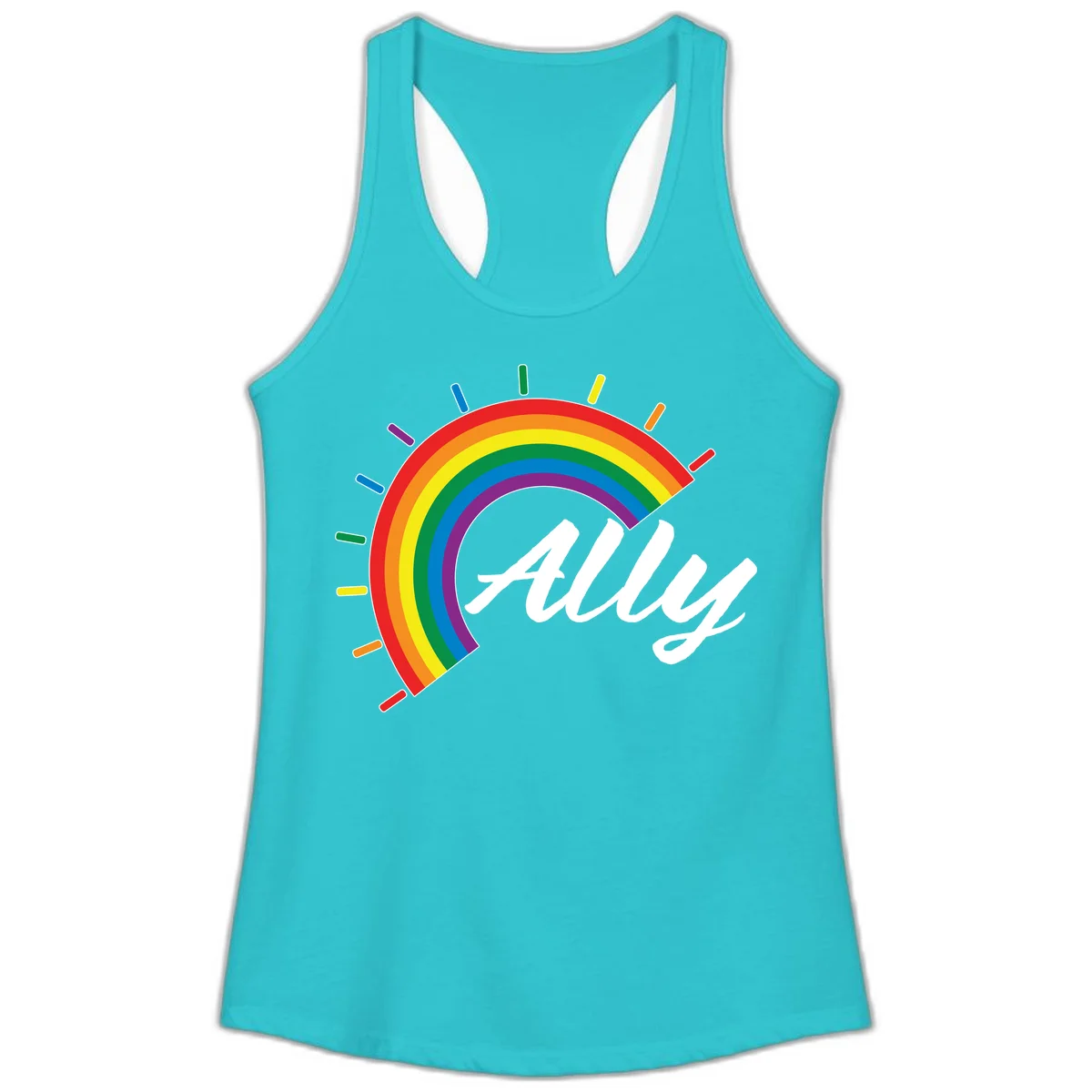 Colorful pride rainbow arc with radiating lines behind white cursive 'ally' text on gray background in Solid Tahiti Blue