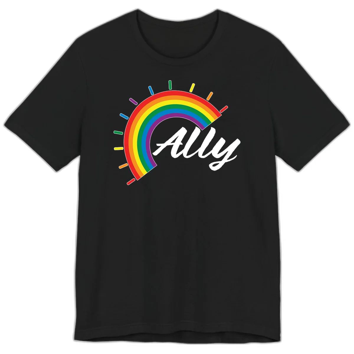 Colorful pride rainbow arc with radiating lines behind white cursive 'ally' text on gray background in Black